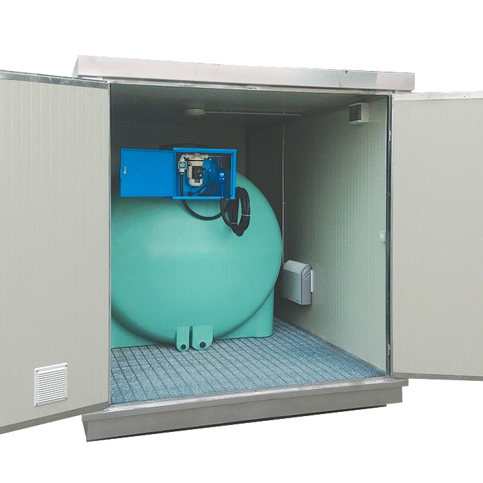 Enclosed DEF storage cabinet with internal tank and dispensing unit