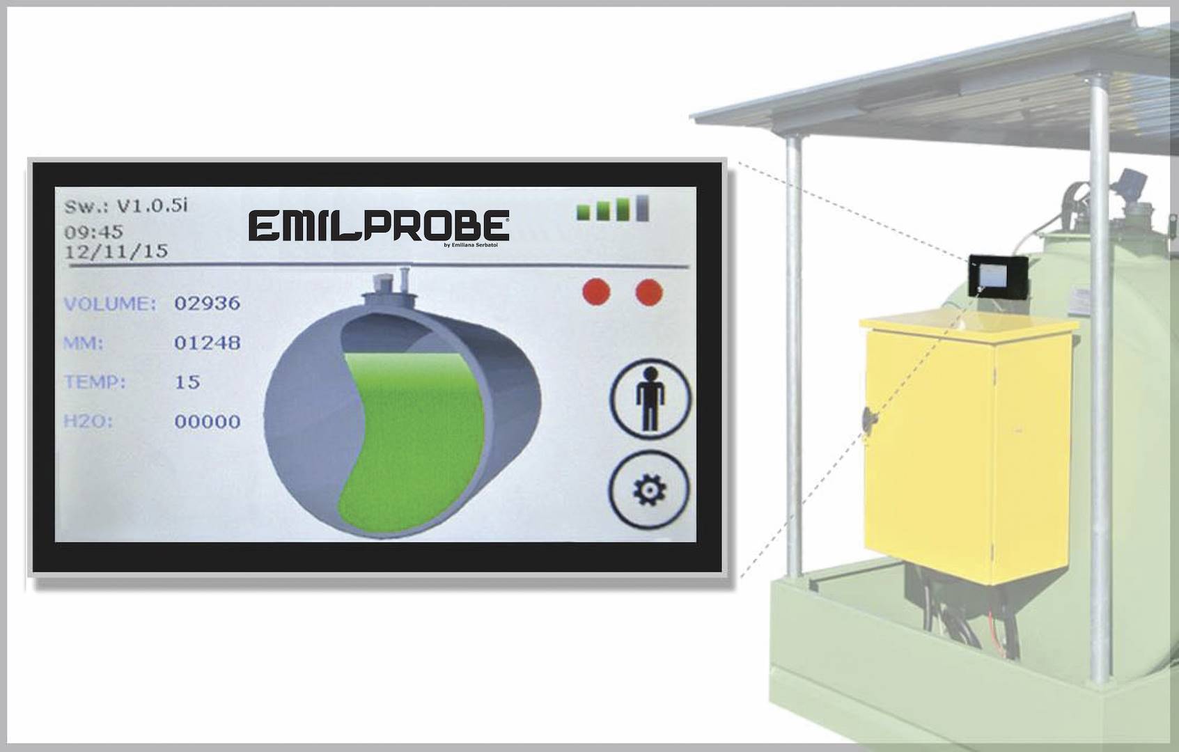 Monitoring display showing tank volume, level, temperature and water-in-fuel readings
