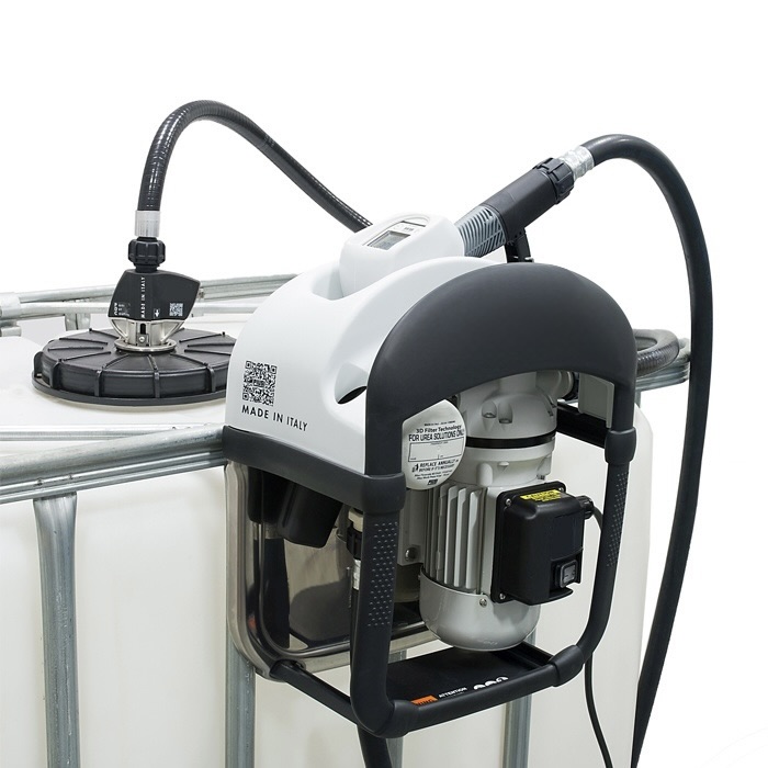 DEF-compatible transfer pump kit mounted on an IBC tote
