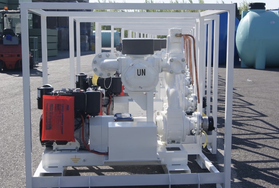 Front view of an open-frame fuel skid with pump, meter and controls