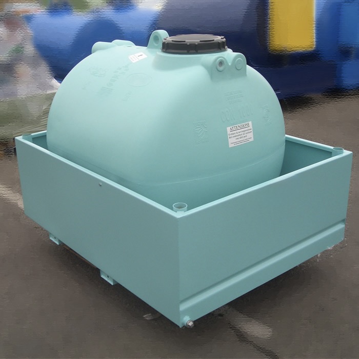 Water tank seated in a steel containment basin