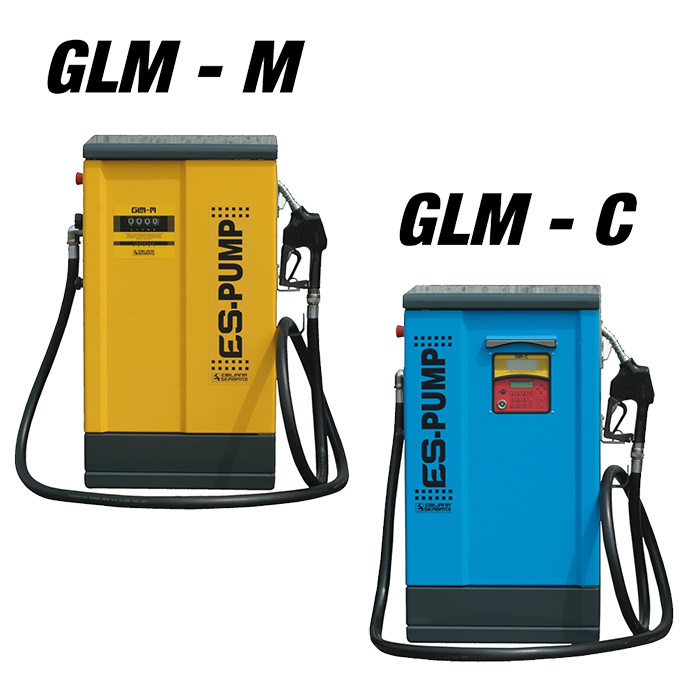 Yellow mechanical and blue electronic fuel dispensing cabinets with nozzles and hoses