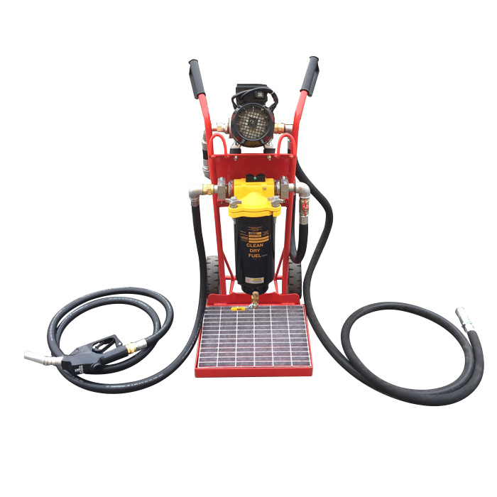 Mobile fuel filtration cart with pump, filter housing, hoses and dispensing nozzle