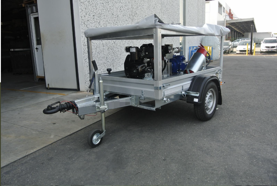 Galvanized single-axle trailer-mounted fuel transfer unit with engine-driven pump and canopy