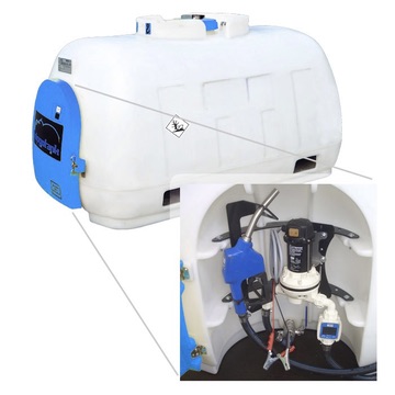 DEF storage tank with enclosed dispensing cabinet and metered nozzle