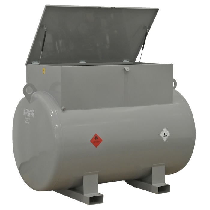 Grey horizontal transportable fuel tank with lockable equipment cabinet and lifting lugs