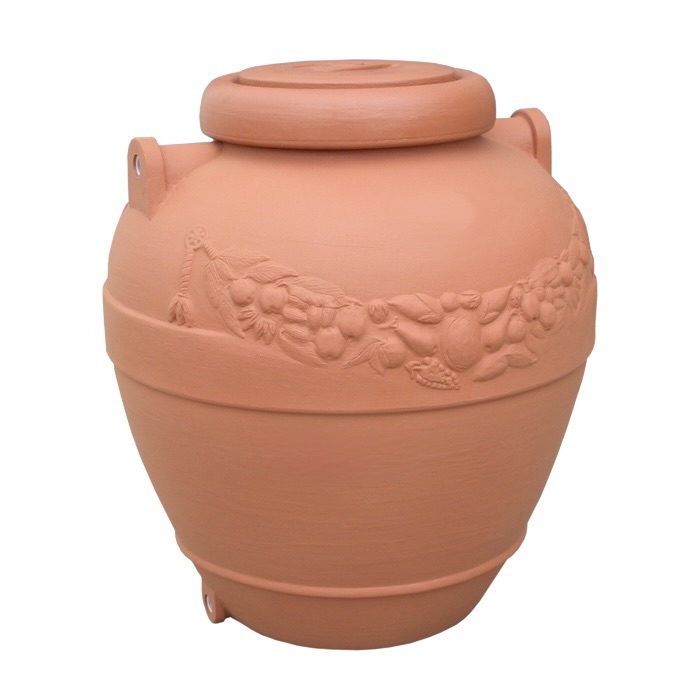 Decorative terracotta-finish rainwater storage amphora