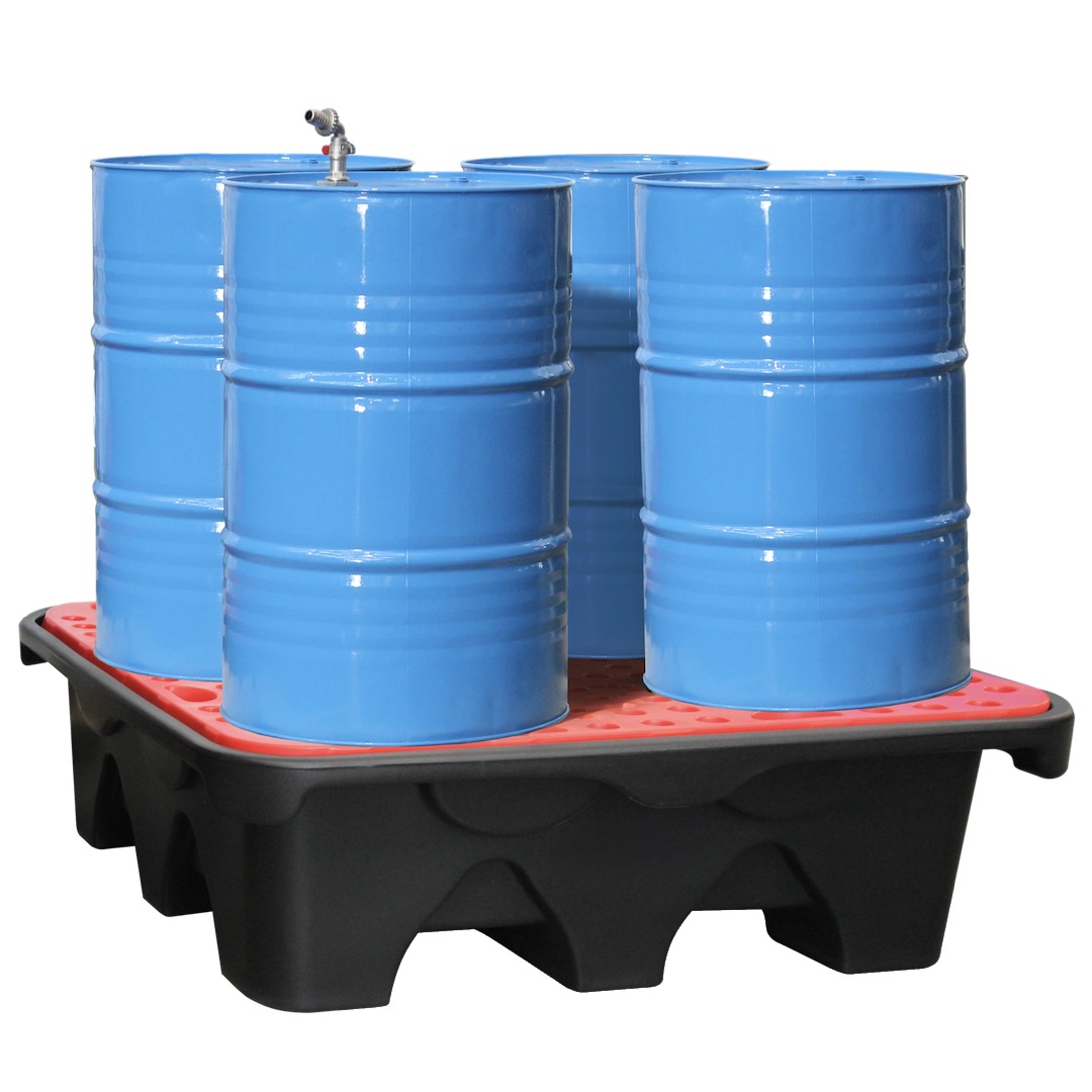 Four-drum bunded containment pallet with removable red grating