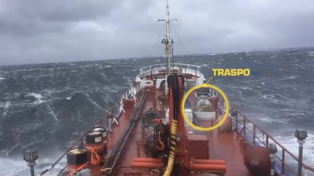 Transportable inox fuel tank secured on a ship deck during heavy sea transit