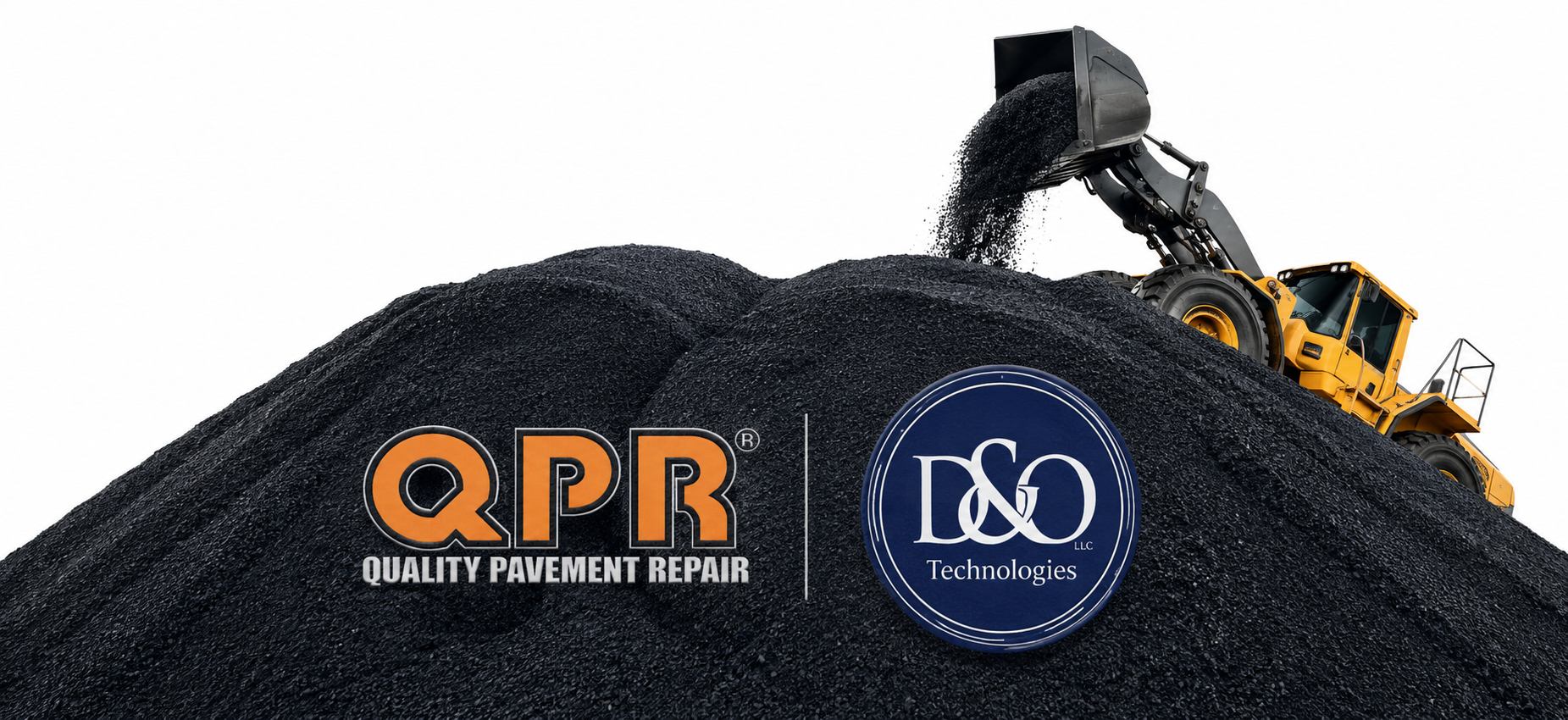 QPR Quality Pavement Repair and D&O Technologies — front loader pouring cold mix asphalt onto a stockpile