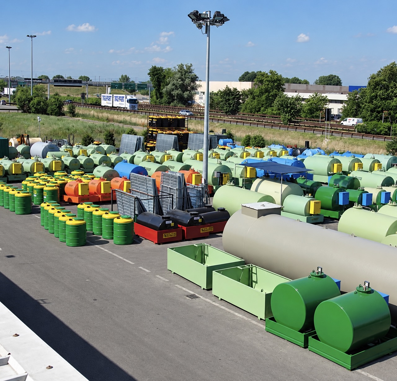 Colorful commercial fuel tanks and dispensing systems arranged in a distribution yard