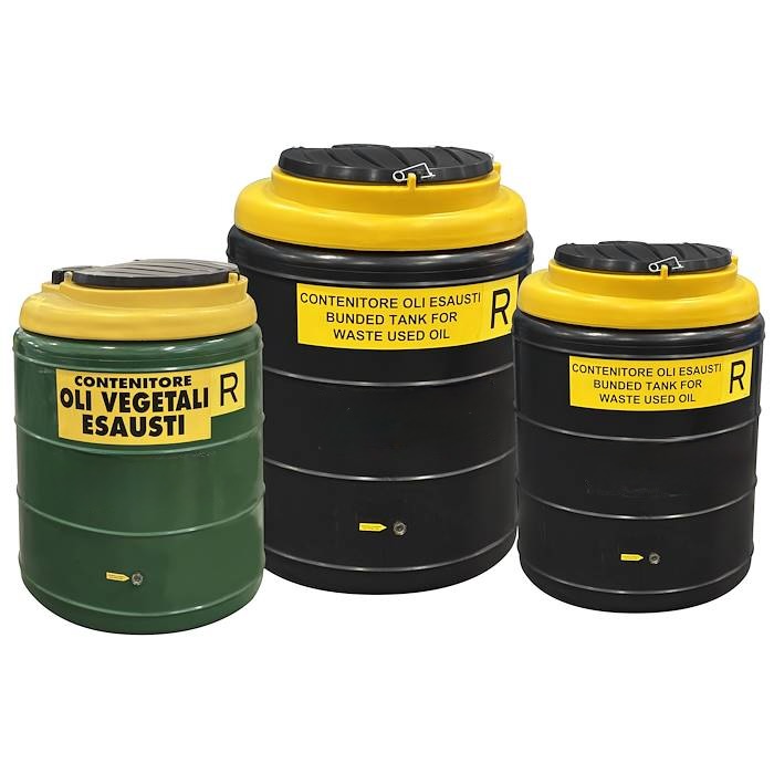 Waste oil collection tanks in three capacities with lockable yellow lids