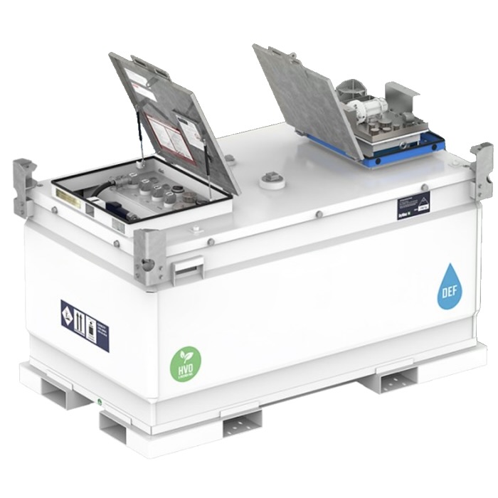 White TankCube with open dispensing and fill bays for DEF and HVO