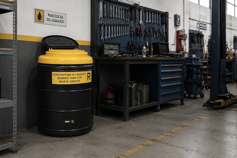 Waste oil collection tank beside a workshop tool wall and workbench