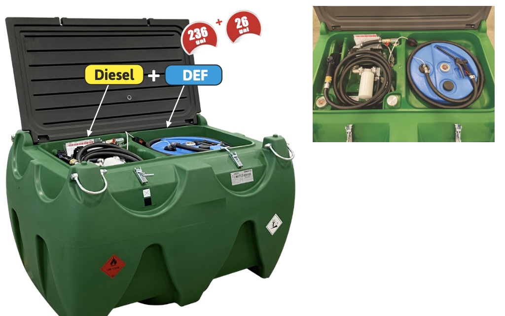 Green transportable diesel and DEF combo tank with integrated dispensing equipment